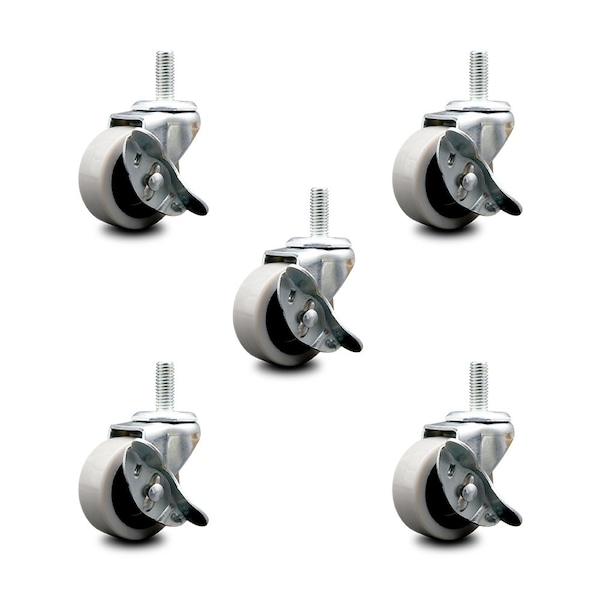 2 Inch Thermoplastic Wheel 10mm Threaded Stem Caster Set with Brakes, 5PK